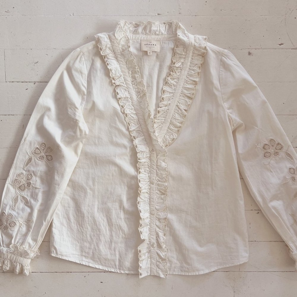 Sezane Long Sleeve Embroidered Ivory Button Down Blouse - Size 34
